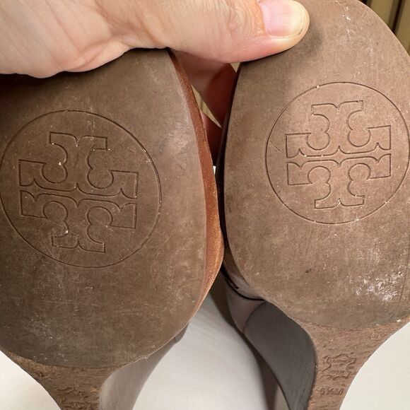 Tory Burch Milan Brown Leather Wedge Ankle Boots Size 6.5M Side Zip Logo Buckle - Picture 13 of 13
